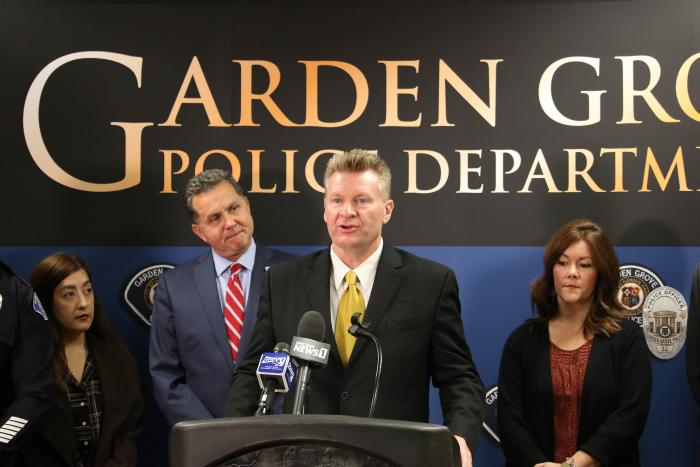 Photo of Garden Grove Mayor Steve Jones speaking at the Measure O Public Safety Plan press conference.