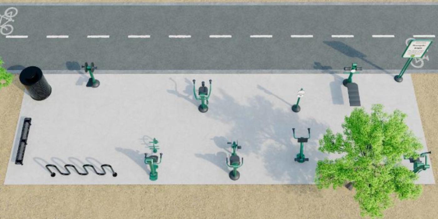   An aerial 3D rendering of a second proposed outdoor fitness station along a paved trail. Multiple green fitness equipment pieces are positioned on a concrete pad. The station also includes a bicycle rack, a bench, a trash receptacle, and a small informational sign. A mature shade tree anchors one corner of the station. A shared bike and pedestrian lane runs along the top of the image.
