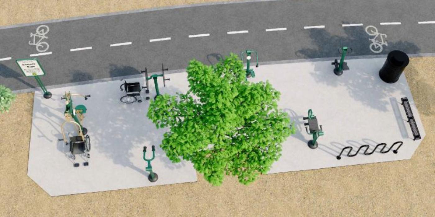 An aerial 3D rendering of a third proposed outdoor fitness station along a paved trail. The station features multiple green fitness equipment pieces on a concrete pad, including at least one piece designed for wheelchair users. A large shade tree is centered within the station, with additional amenities including a bicycle rack, a bench, a trash receptacle, and an informational sign visible throughout. A shared bike and pedestrian lane runs along the top of the image.