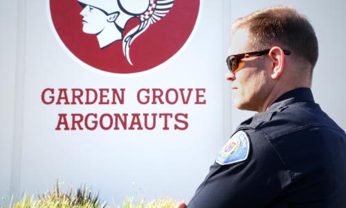 Photo of a school resource officer at Garden Grove High School.