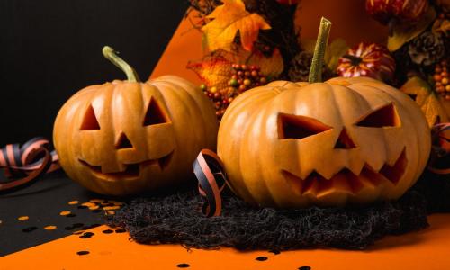 Photo of carved pumpkins.