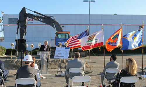 Photo of Mayor Steve Jones speaking at the Pavilion Plaza West groundbreaking event.