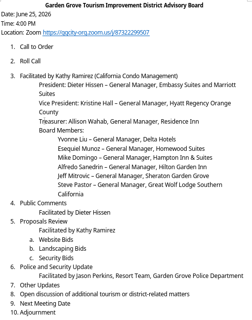 Garden Grove Tourism Improvement District Advisory Board
