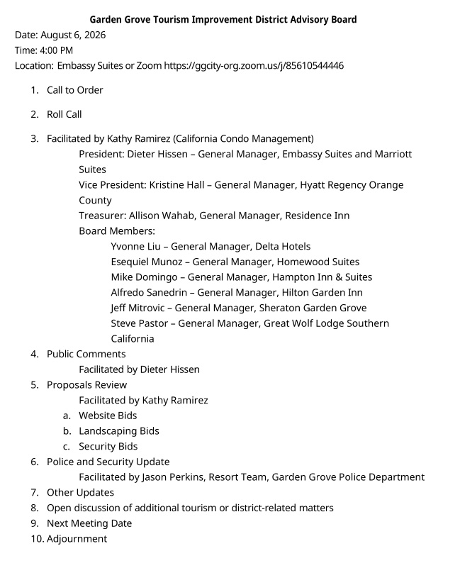 Garden Grove Tourism Improvement District Advisory Board
