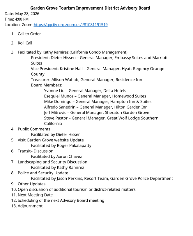Garden Grove Tourism Improvement District Advisory Board
