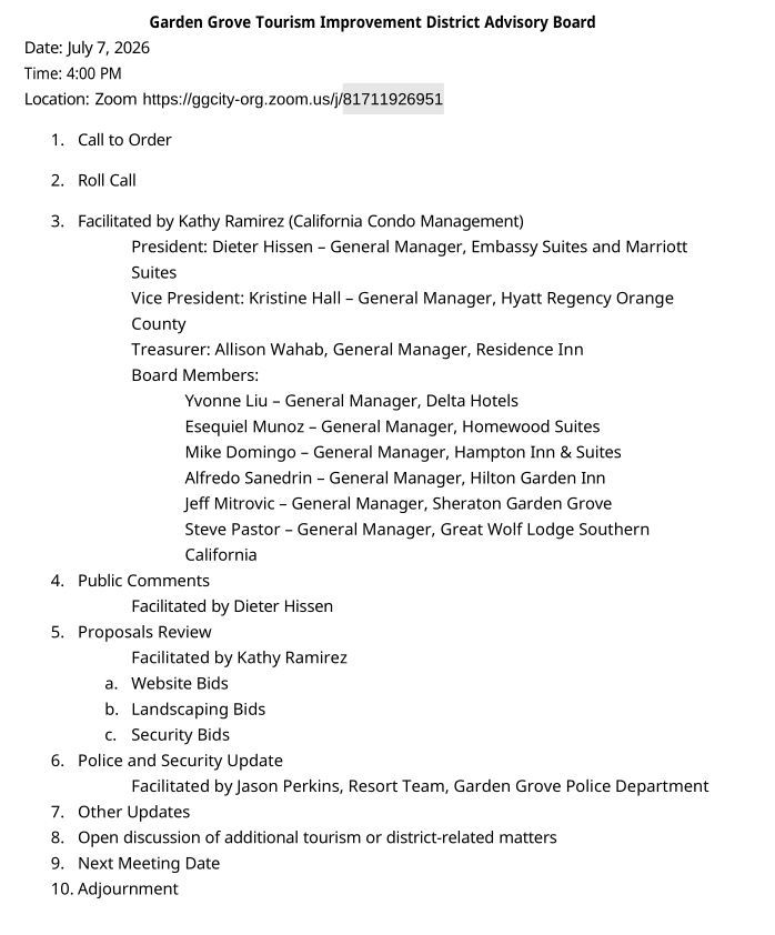 Garden Grove Tourism Improvement District Advisory Board
