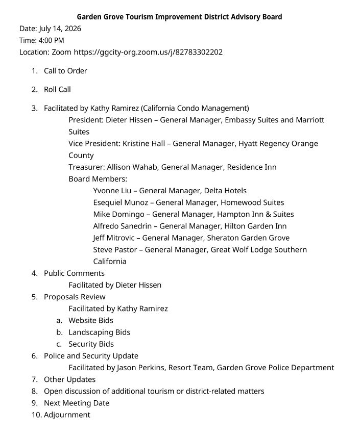 Garden Grove Tourism Improvement District Advisory Board

