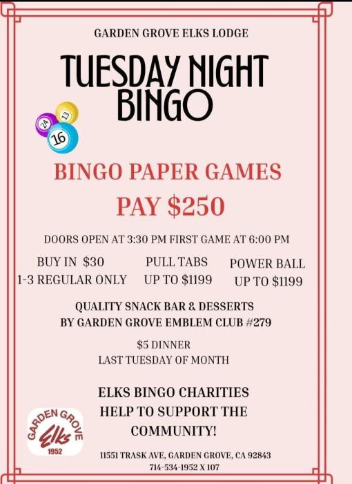 Garden Grove Elks Lodge Tuesday Night Bingo