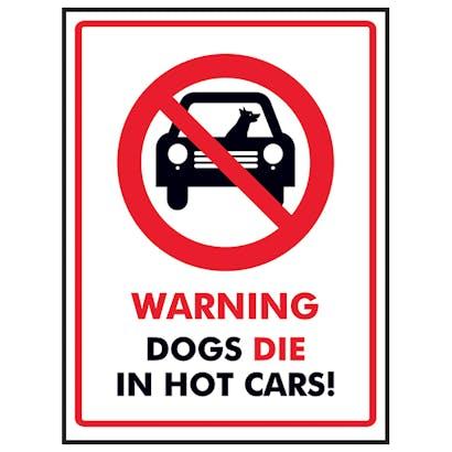 Warning sign with prohibition symbol over a car with dogs inside, reading "WARNING DOGS DIE IN HOT CARS!"