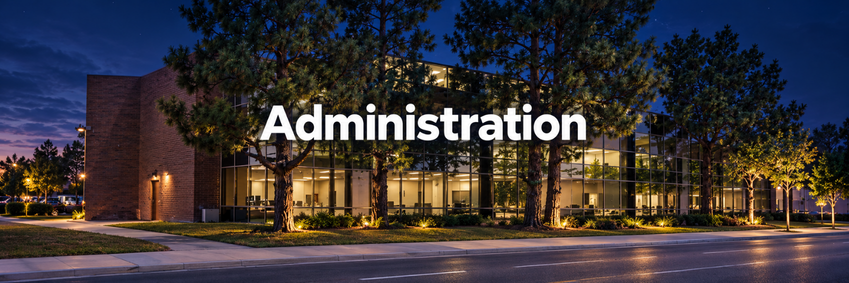 City administration building illuminated at night, with the word "Administration" overlaid.
