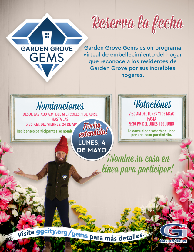 Garden Grove Gems home beautification program flyer in Spanish with nomination and voting dates, directing residents to ggcity.org/gems