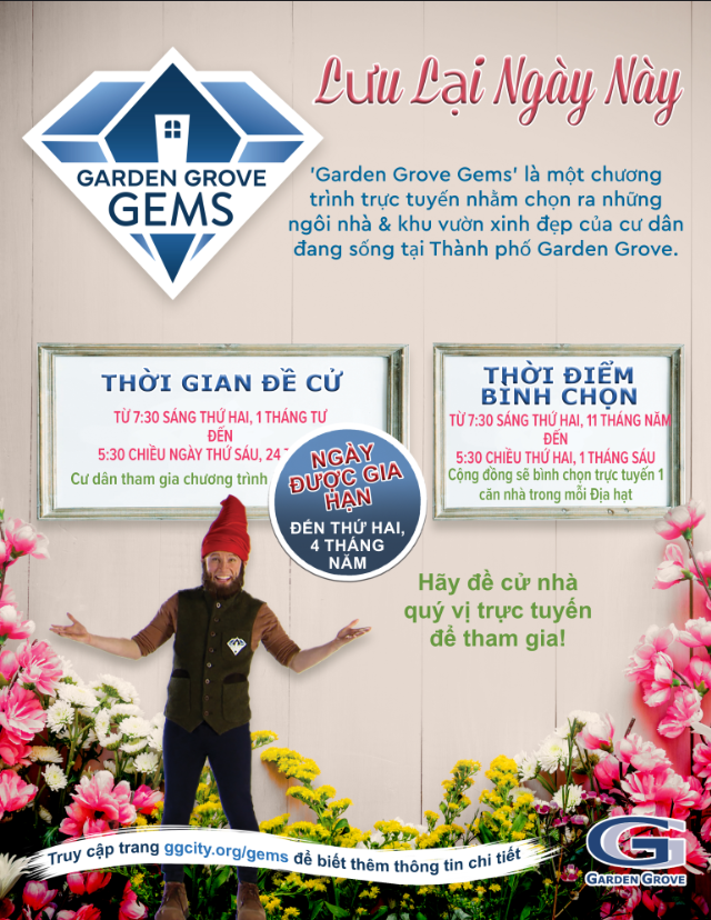 Garden Grove Gems program flyer in Vietnamese with nomination and voting dates, directing residents to ggcity.org/gems